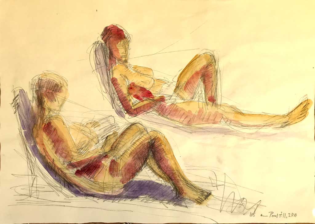 halbliegende Aktstudie am Pool