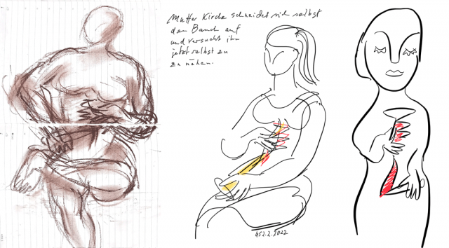 Mutter Kirche schneidet Bauch auf  und zu