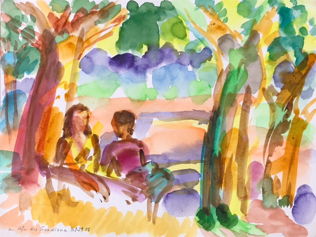 am Ufer unter Platanen